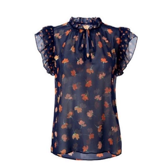 NWOT Cabi Navy Poppy Print Flutter Sleeve Sheer Flowey Blouse 5522 Size Small - Picture 3 of 11